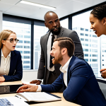 **Image of a diverse team communicating effectively using a shared vocabulary in a modern office setting, highlighting clarity and collaboration.**