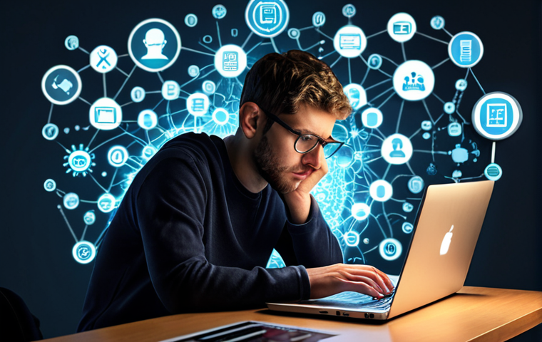 **
A person thoughtfully using a laptop, surrounded by glowing search results and icons representing different types of information. Emphasis on clear distinction between reliable and unreliable sources, depicted visually.
**