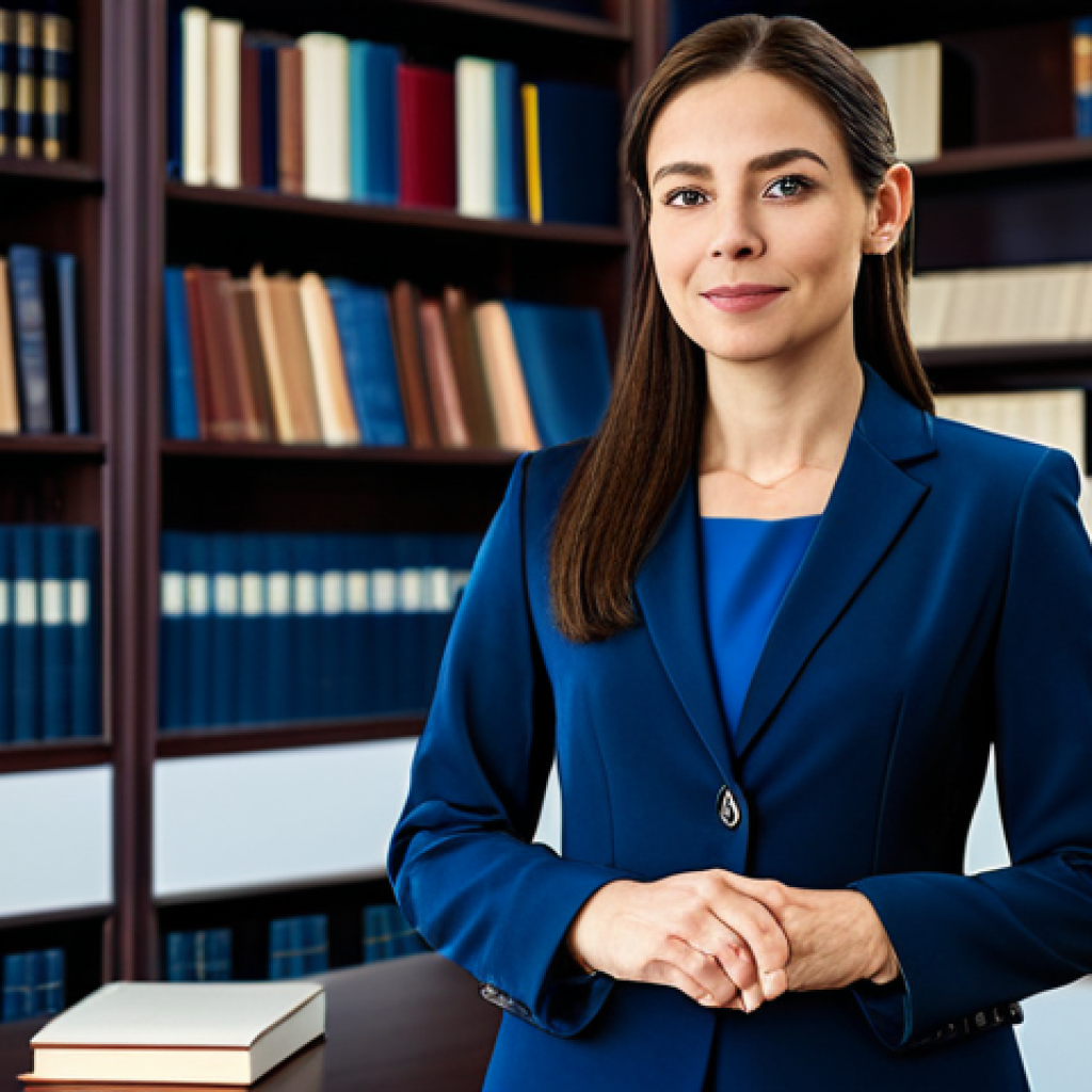 **

A professional female lawyer in a modest dark blue business suit, standing confidently in a modern law office with bookshelves in the background. Fully clothed, appropriate attire, safe for work, perfect anatomy, correct proportions, well-formed hands, natural pose, professional portrait, high resolution, family-friendly.

**