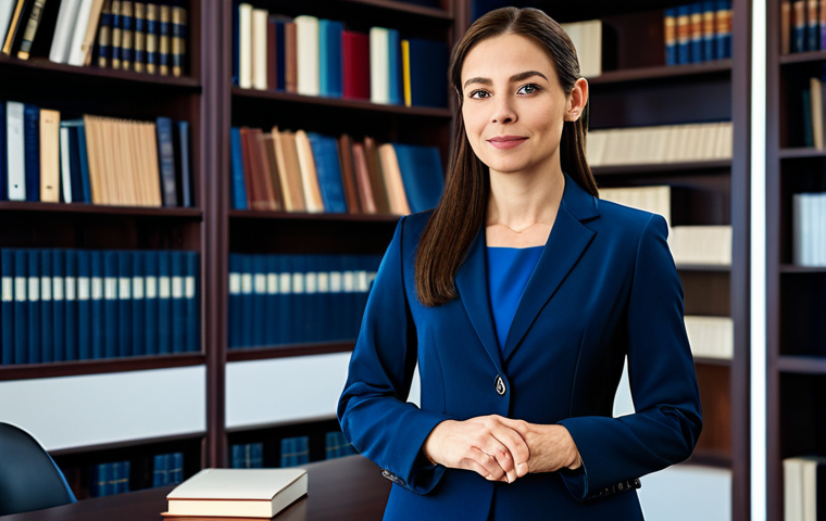 **

A professional female lawyer in a modest dark blue business suit, standing confidently in a modern law office with bookshelves in the background. Fully clothed, appropriate attire, safe for work, perfect anatomy, correct proportions, well-formed hands, natural pose, professional portrait, high resolution, family-friendly.

**