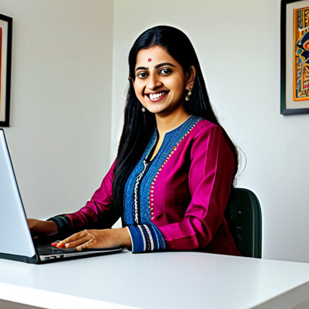 **
"A professional Indian woman in a beautiful, modest salwar kameez, smiling warmly. She is working on a laptop in a bright, modern office with traditional Indian artwork on the walls. Fully clothed, appropriate attire, safe for work, perfect anatomy, natural proportions, professional, modest, family-friendly, high quality."
**
