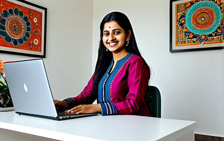 **

"A professional Indian woman in a beautiful, modest salwar kameez, smiling warmly. She is working on a laptop in a bright, modern office with traditional Indian artwork on the walls. Fully clothed, appropriate attire, safe for work, perfect anatomy, natural proportions, professional, modest, family-friendly, high quality."

**
