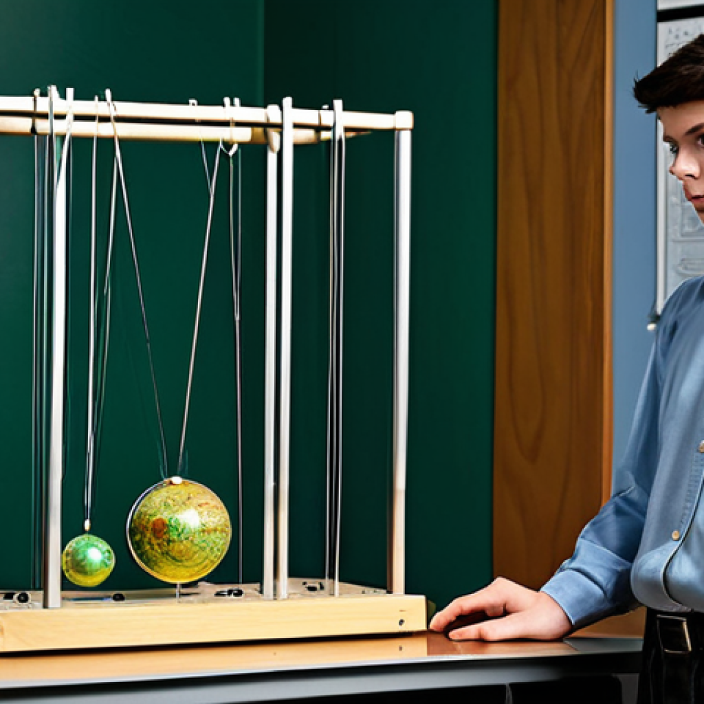 Newton's Laws in Action**

"A fully clothed student in a safe, indoor physics lab demonstrating Newton's cradle. The cradle shows the transfer of momentum and energy. Background includes physics textbooks and lab equipment. Safe for work, appropriate content, perfect anatomy, natural proportions, professional, educational illustration, fully clothed, modest attire."

**