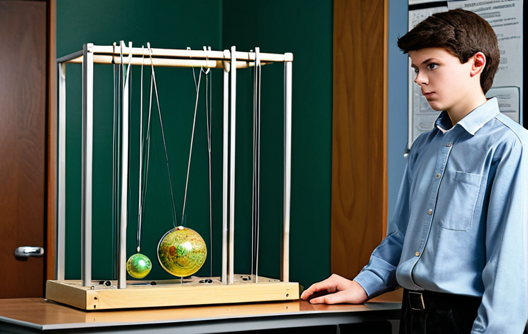 Newton's Laws in Action**

"A fully clothed student in a safe, indoor physics lab demonstrating Newton's cradle. The cradle shows the transfer of momentum and energy. Background includes physics textbooks and lab equipment. Safe for work, appropriate content, perfect anatomy, natural proportions, professional, educational illustration, fully clothed, modest attire."

**