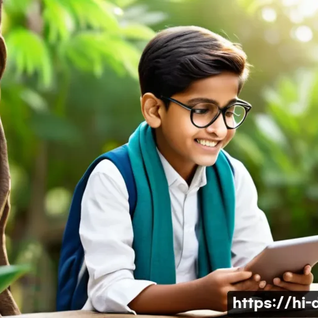 사전 기반 학습 자료 - A vibrant digital classroom scene featuring a young Indian student studying on a tablet outdoors, su...