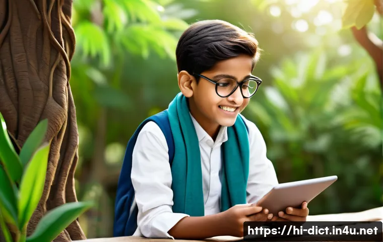 사전 기반 학습 자료 - A vibrant digital classroom scene featuring a young Indian student studying on a tablet outdoors, su...