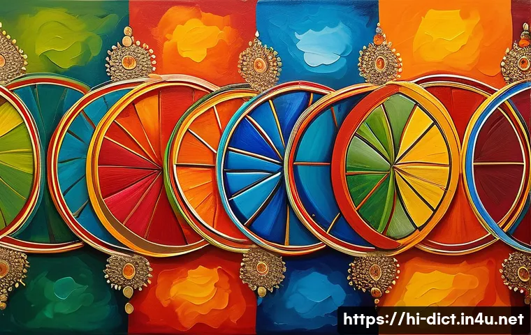 미술 용어집 - A vibrant and emotionally expressive painting showcasing the language of colors in Indian art, featu...
