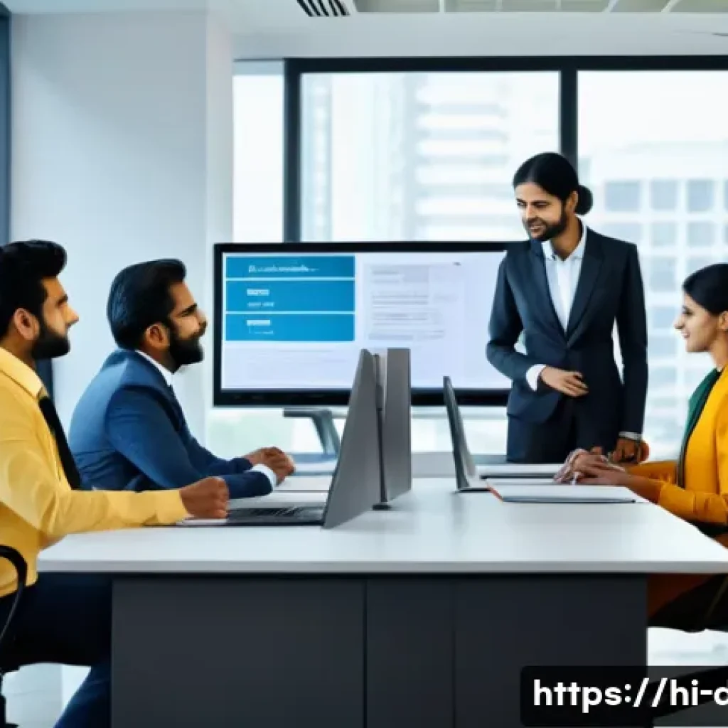 용어집 정책 - A modern Indian corporate office setting with a diverse team of professionals engaged in a meeting, ...