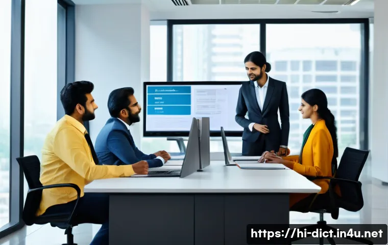 용어집 정책 - A modern Indian corporate office setting with a diverse team of professionals engaged in a meeting, ...