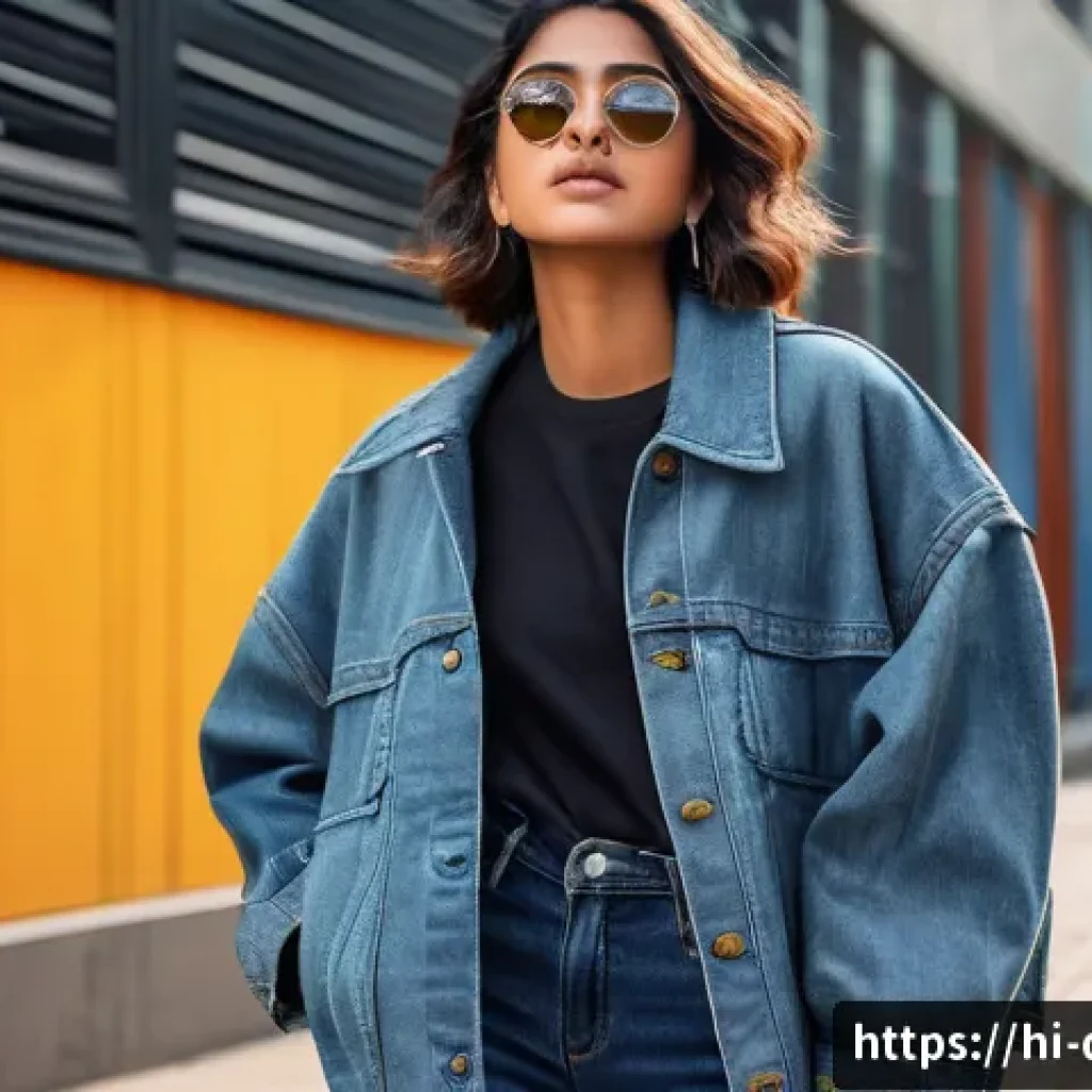 패션 용어집 - A stylish young Indian woman confidently posing in a trendy oversized jacket paired with casual jean...