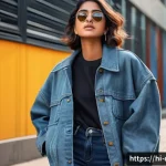 Home 22 패션 용어집 - A stylish young Indian woman confidently posing in a trendy oversized jacket paired with casual jean...