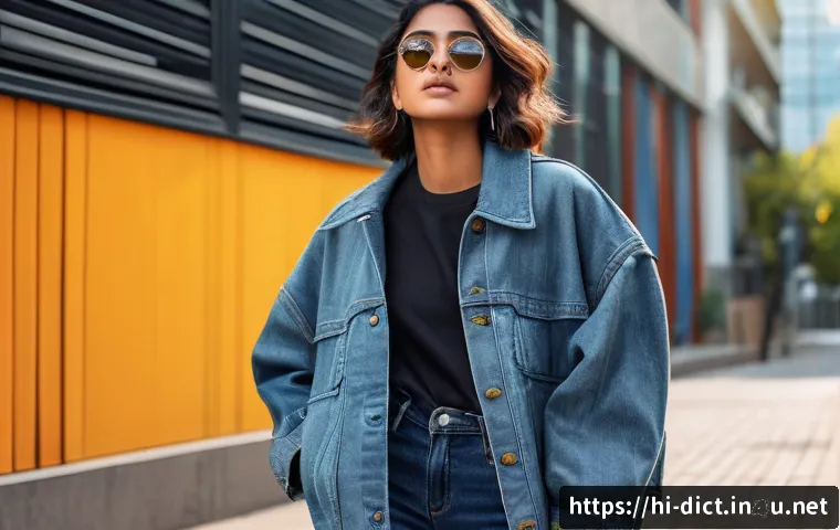 패션 용어집 - A stylish young Indian woman confidently posing in a trendy oversized jacket paired with casual jean...