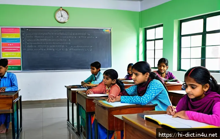 학문적 용어집 - A vibrant classroom scene showing a diverse group of Indian students attentively participating in an...