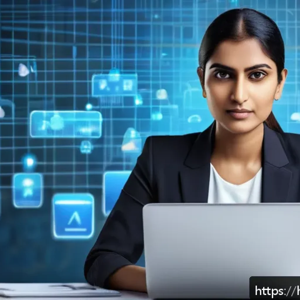 소프트웨어 용어 - A modern Indian professional woman in her 30s sitting at a sleek desk with multiple digital devices ...