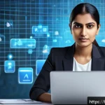 Home 20 소프트웨어 용어 - A modern Indian professional woman in her 30s sitting at a sleek desk with multiple digital devices ...