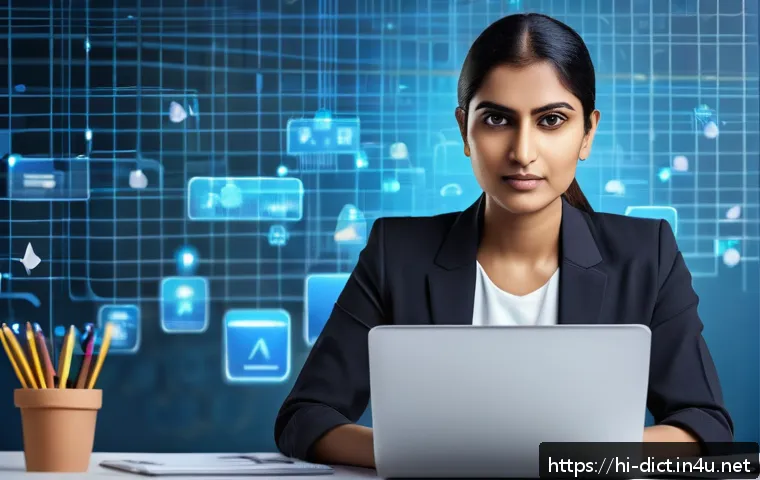 소프트웨어 용어 - A modern Indian professional woman in her 30s sitting at a sleek desk with multiple digital devices ...