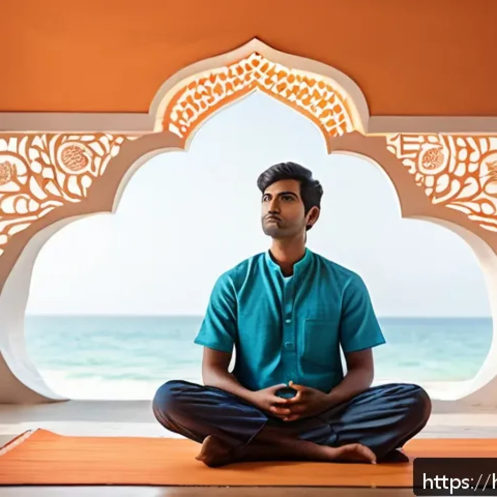 심리학적 용어집 - A serene, introspective scene of a young Indian man sitting cross-legged in a quiet room decorated w...