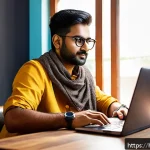 Home 23 구글 애드센스 용어 - A professional Indian blogger sitting at a modern desk, focused on writing original blog content on ...
