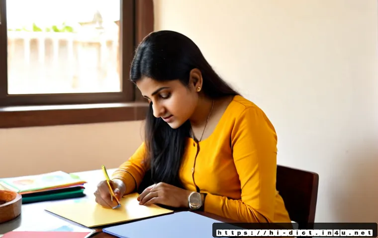 어휘 개발 - Photorealistic educational scene of an Indian woman in her thirties building vocabulary at a tidy ho...