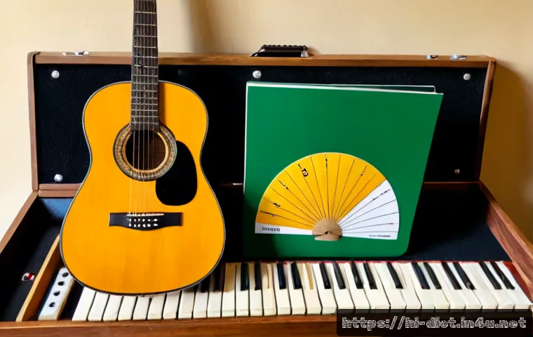 Home 17 음악 용어집 - Photorealistic overhead view of a neatly organized music learning desk for a Hindi-speaking beginner...